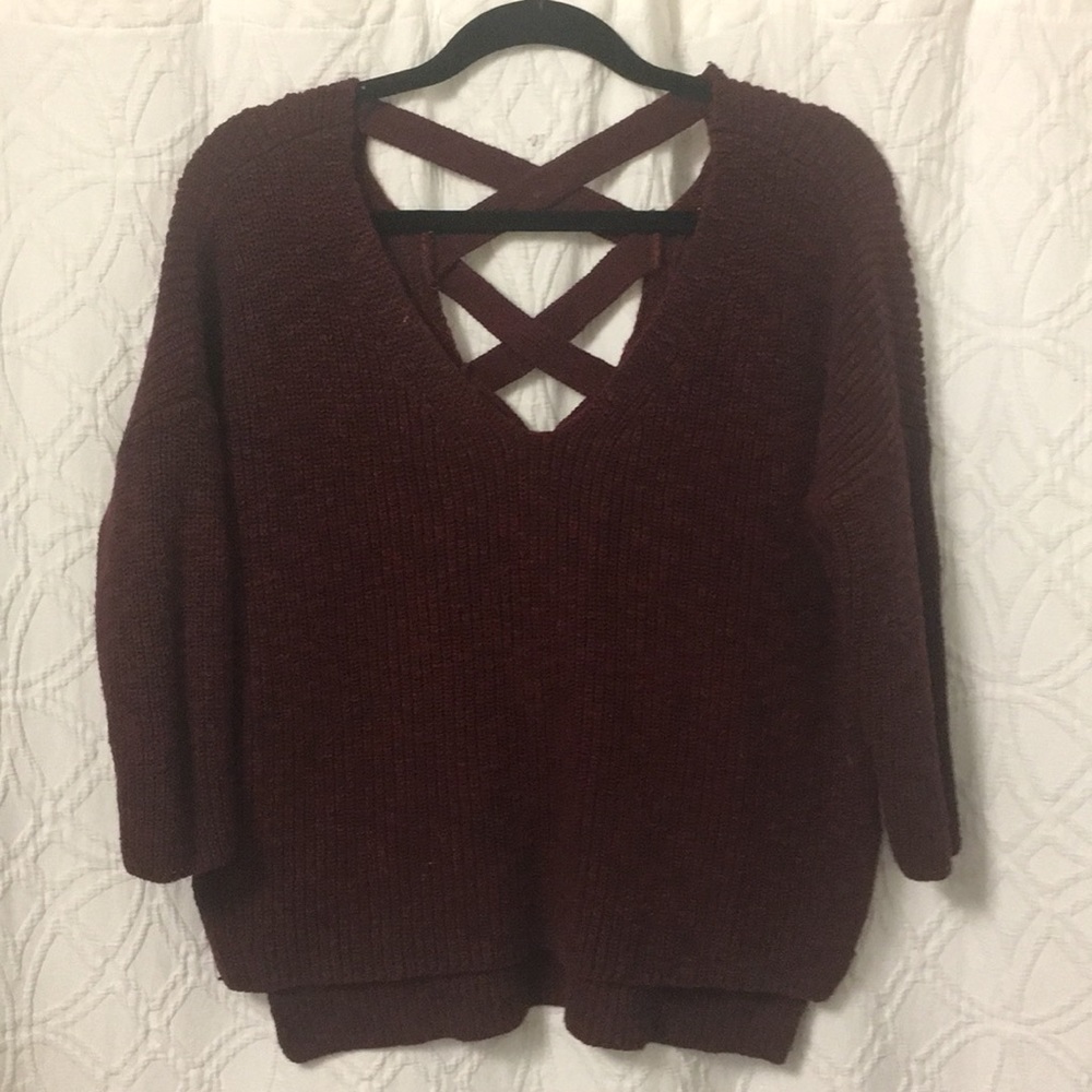 Express High Low Boxy Crop Wine Sweater Medium